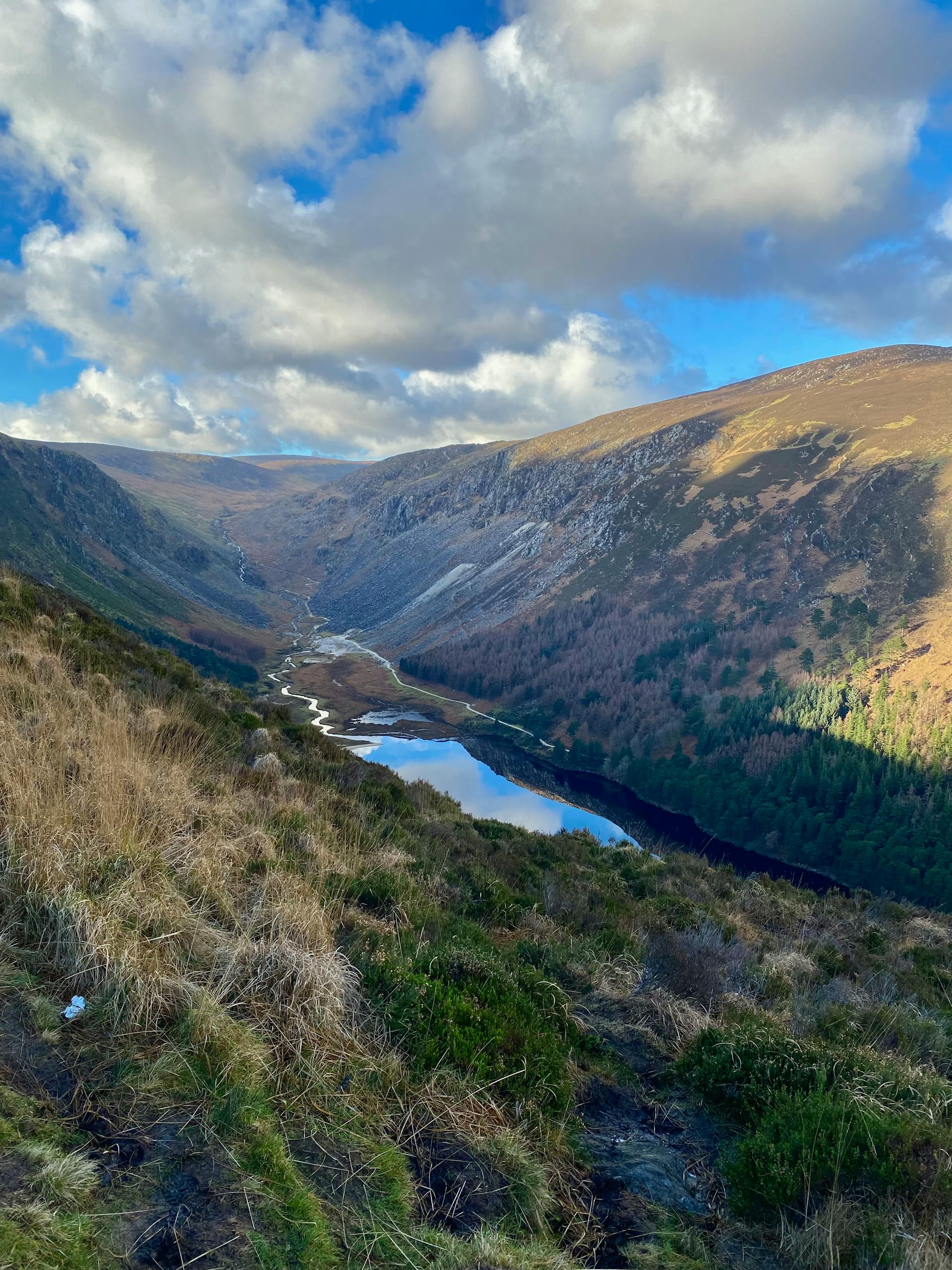 Aerial view over the Wicklow Mountains and Lough Tay in Ireland